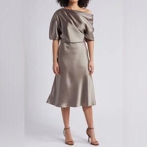Amsale NWOT One Shoulder Fluid Cocktail Midi Dress 8 Mocha